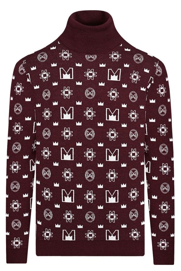 Луксозен мъжки пуловер Turtle Neck с брандиране символи в бордо