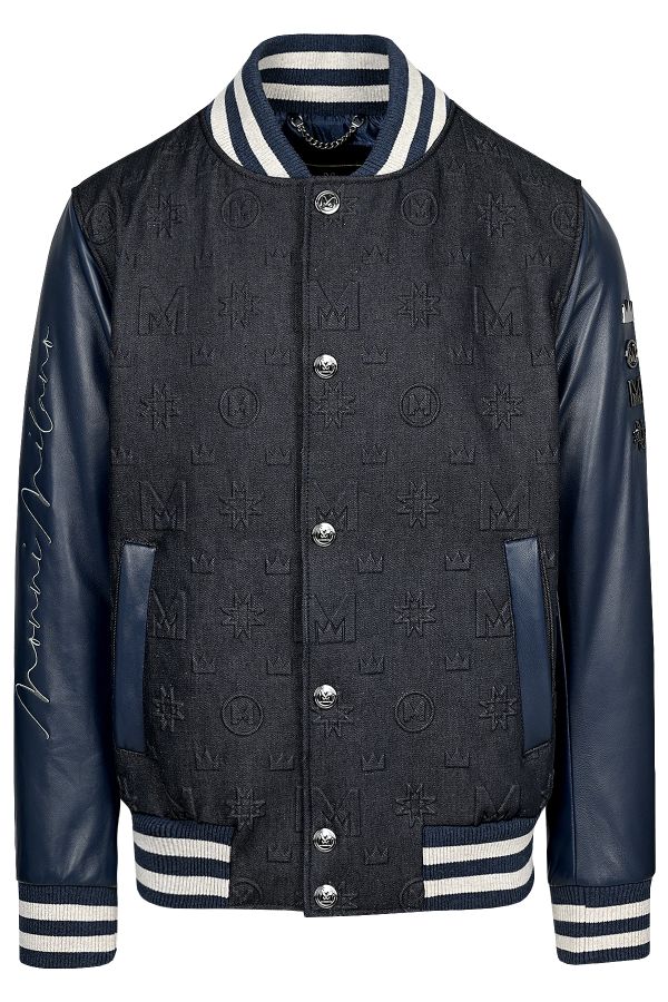 Луксозно мъжко яке бомбър със силиконови щампи и елементи в тъмносин цвят