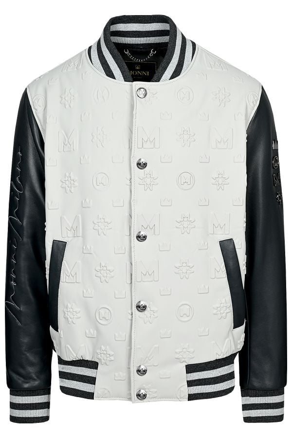Луксозно мъжко яке бомбър в бяло със силиконови щампи и елементи в черно