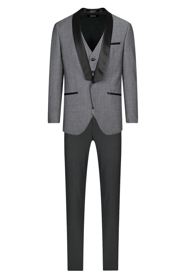 Официален костюм от вълна в сиво с контрастен шал-ревер от сатен в черно