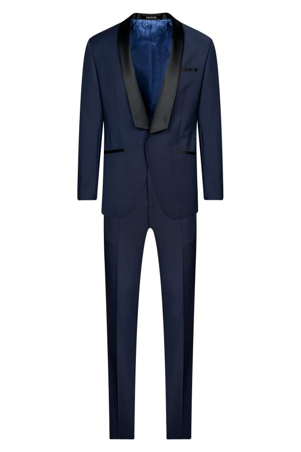 Официален костюм от вълна в тъмносин цвят с контрастен шал-ревер от сатен в черно