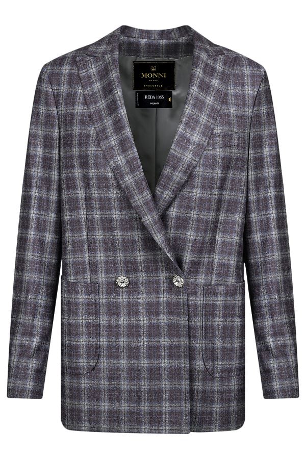 Елегантно дамско палто от 100% естествена вълна в лилаво и сиво каре