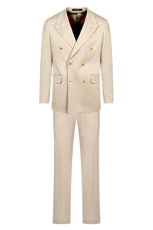 Мъжки двуреден костюм в бежово от италианско памучно трико