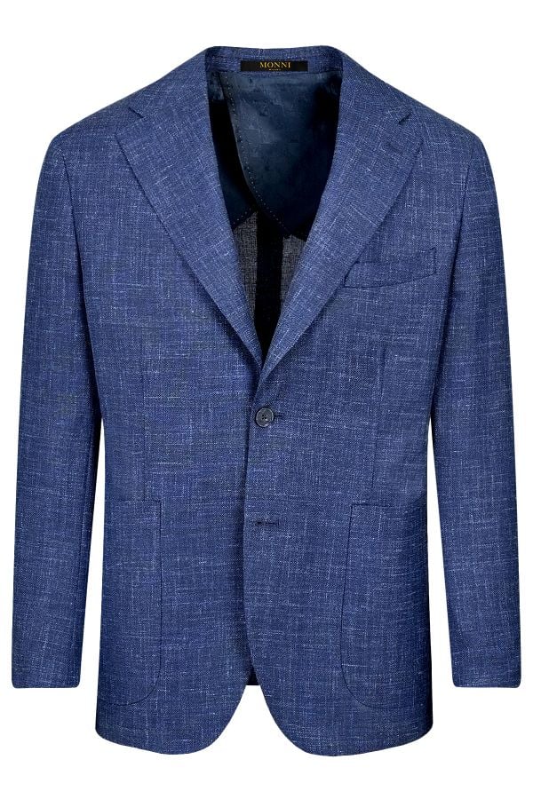 Мъжко луксозно олекотено сако от вълна, лен и коприна в синьо