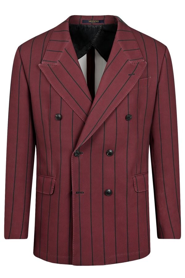 Мъжко двуредно сако в бордо с черно широко райе