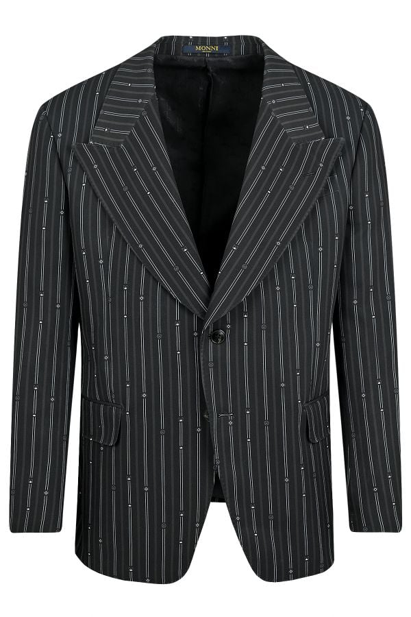Елегантно класическо мъжко сако с брандирано райе в черно
