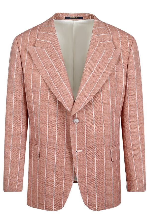 Мъжко елегантно сако с класически ревер и райе в цвят сьомга