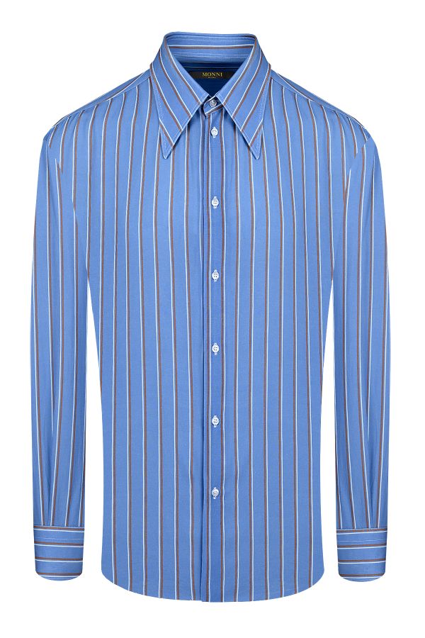 Мъжка лятна риза в син цвят с фино вертикално райе
