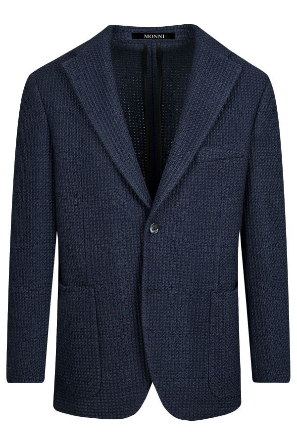 Мъжко сако тип жилетка от релефен вълнен плат в синьо