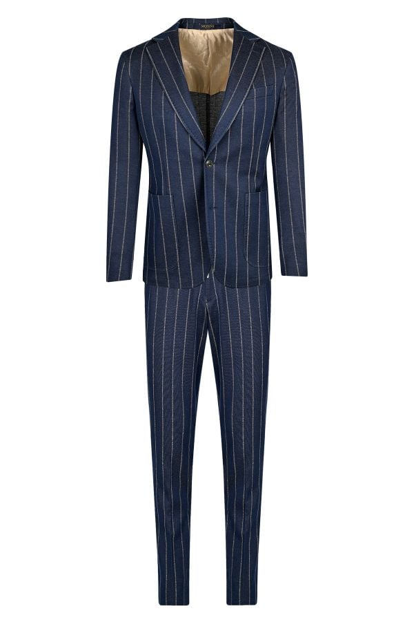 Мъжки втален раиран костюм от структурен памук в тъмносиньо