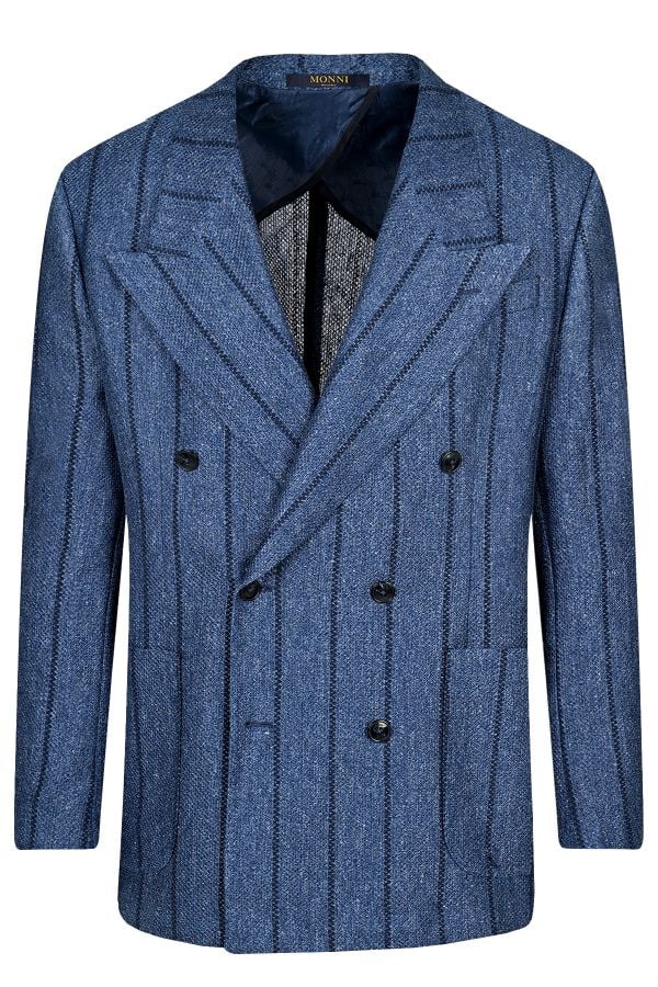 Сако от лен в модерен син цвят и широко райе в тъмносин цвят.