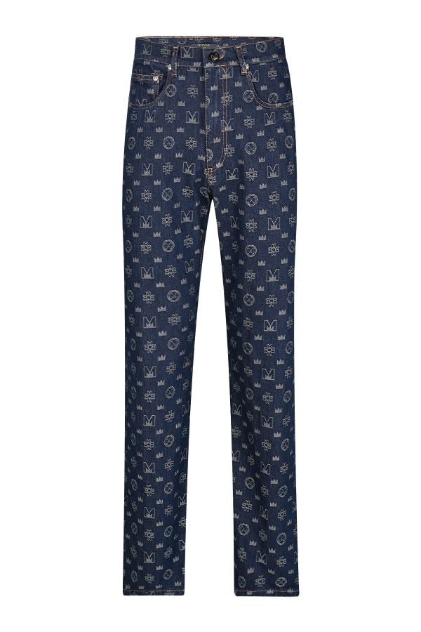 Мъжки луксозни дизайнерски дънки с десен символи в синьо