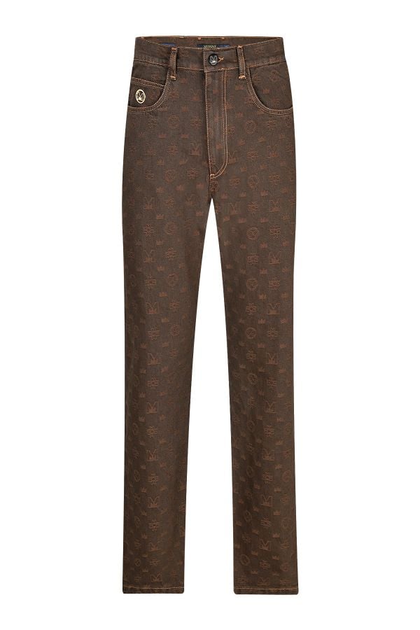 Мъжки свободни дизайнерски дънки с десен символи в кафяво