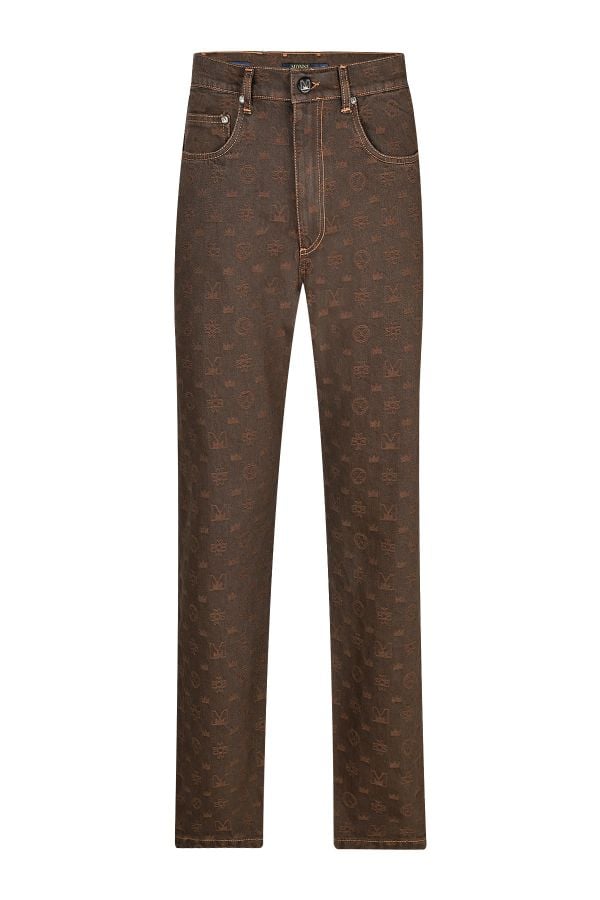 Мъжки луксозни дизайнерски дънки с десен символи в кафяво