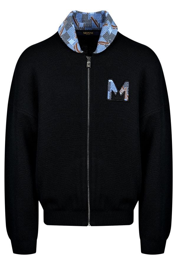 Мъжка дизайнерска черна вълнена жилетка с бродерия в синьо