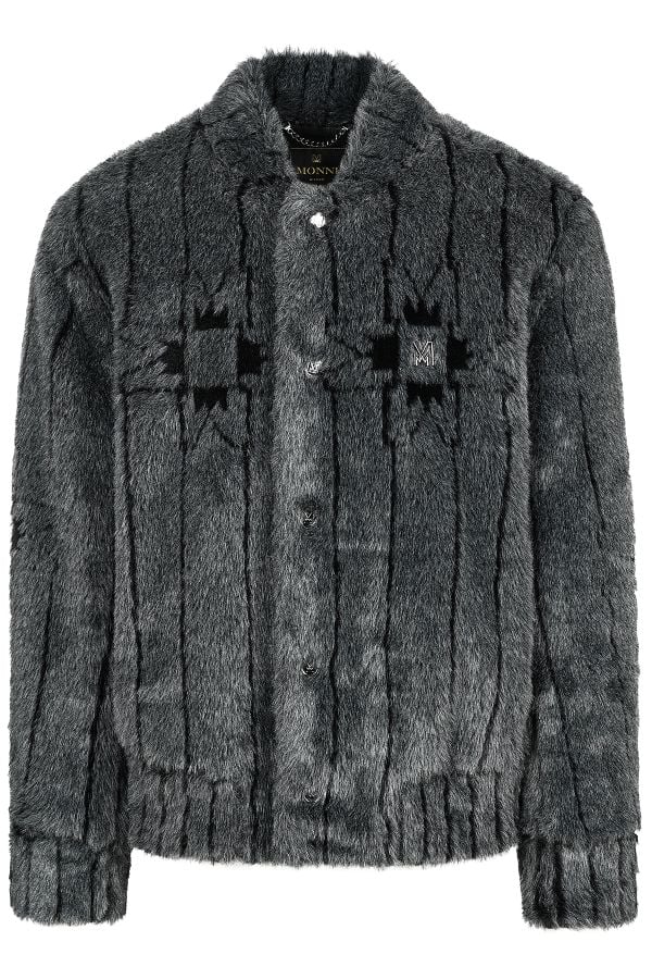 Мъжко дизайнерско луксозно яке с лого десен в сиво и черно