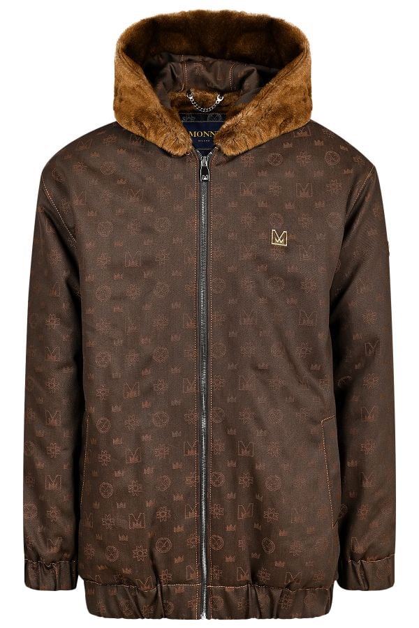 Мъжко oversize дълго дънково яке с изтъкан десен в кафяво