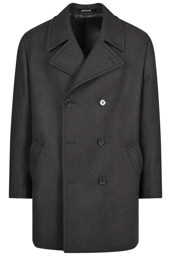 Мъжко двуредно късо палто от вълна в тъмнокафява рибена кост