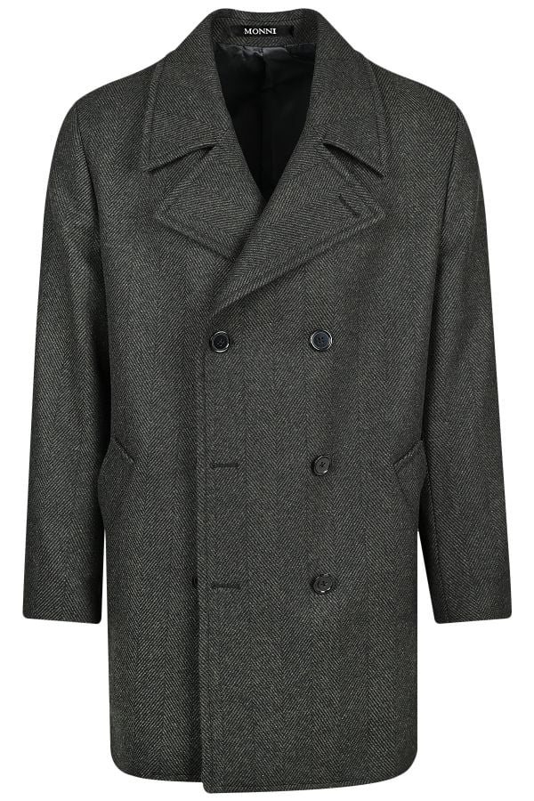 Мъжко двуредно късо палто от вълна в тъмнозелена рибена кост