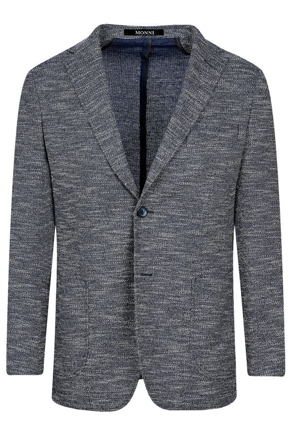 Мъжко вталено трикотажно меланжирано сако в деним цвят