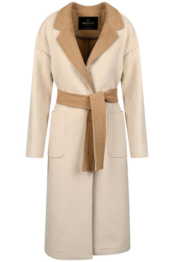 Елегантно дамско палто от вълна и кашмир в бежово с колан и яка в камел