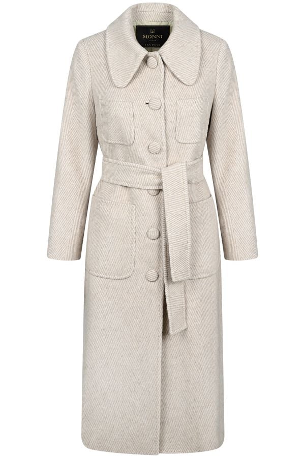 Дамско вълнено бежаво палто от релефен дизайнерски плат Made in Italy
