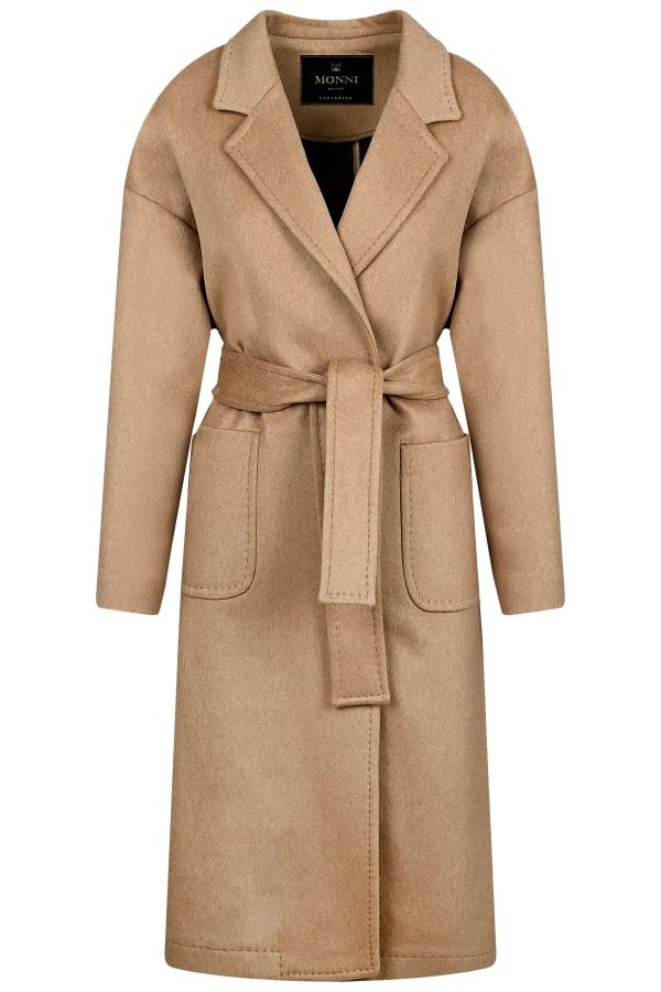 Елегантно дамско палто от вълна и кашмир в бежово с външни джобове и колан