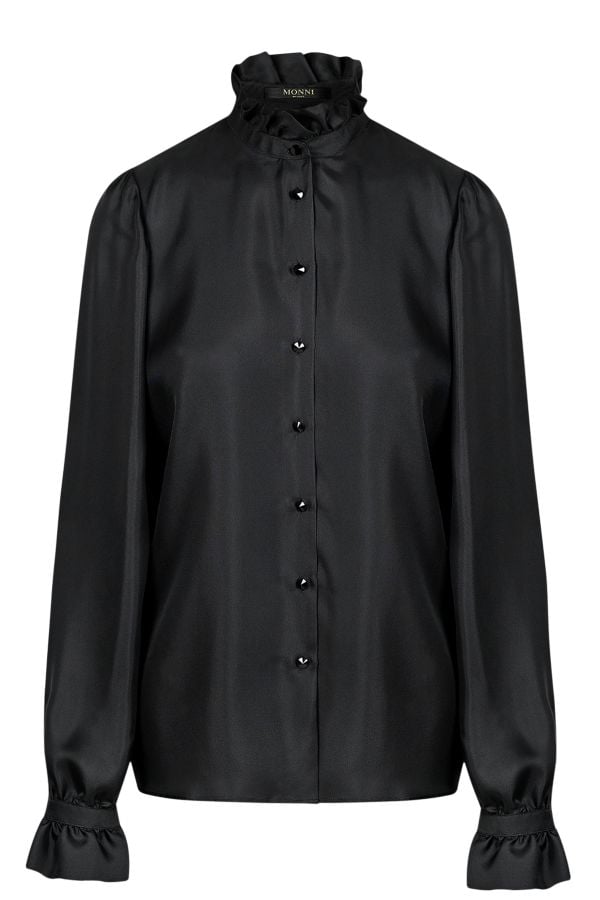 Луксозна черна дамска риза от естествена коприна, украсена с кристални копчета за елегантна и изискана визия