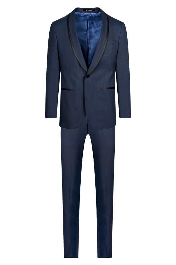 Мъжки втален тъмносин смокинг със сатениран кант на ревера