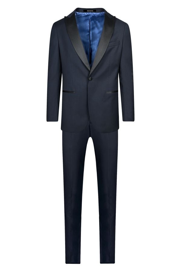 Мъжки втален тъмносин смокинг със сатениран широк остър ревер