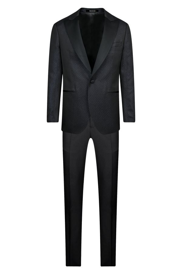 Мъжки официален костюм в тъмносин жакард с остър сатенен ревер