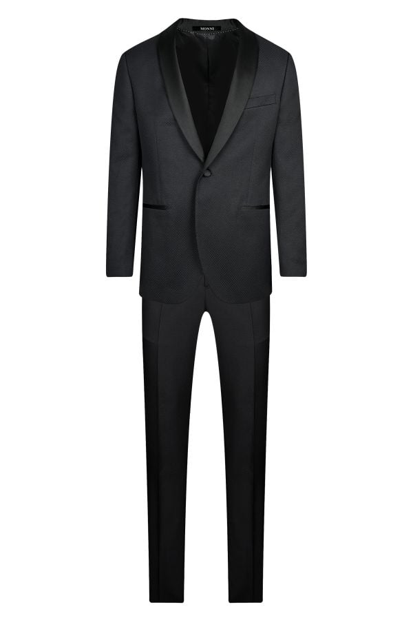 Мъжки официален костюм с шал яка в ситни черни карета