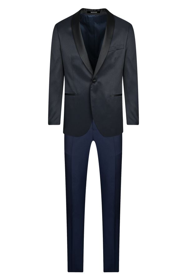 Мъжки официален костюм с шал яка в ситни тъмносини карета