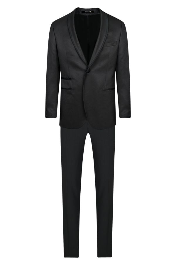 Мъжки официален костюм в черно с шал яка и сатенен кант 