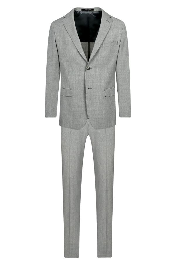 Мъжки втален класически костюм от вълна и еластан в светлосиво
